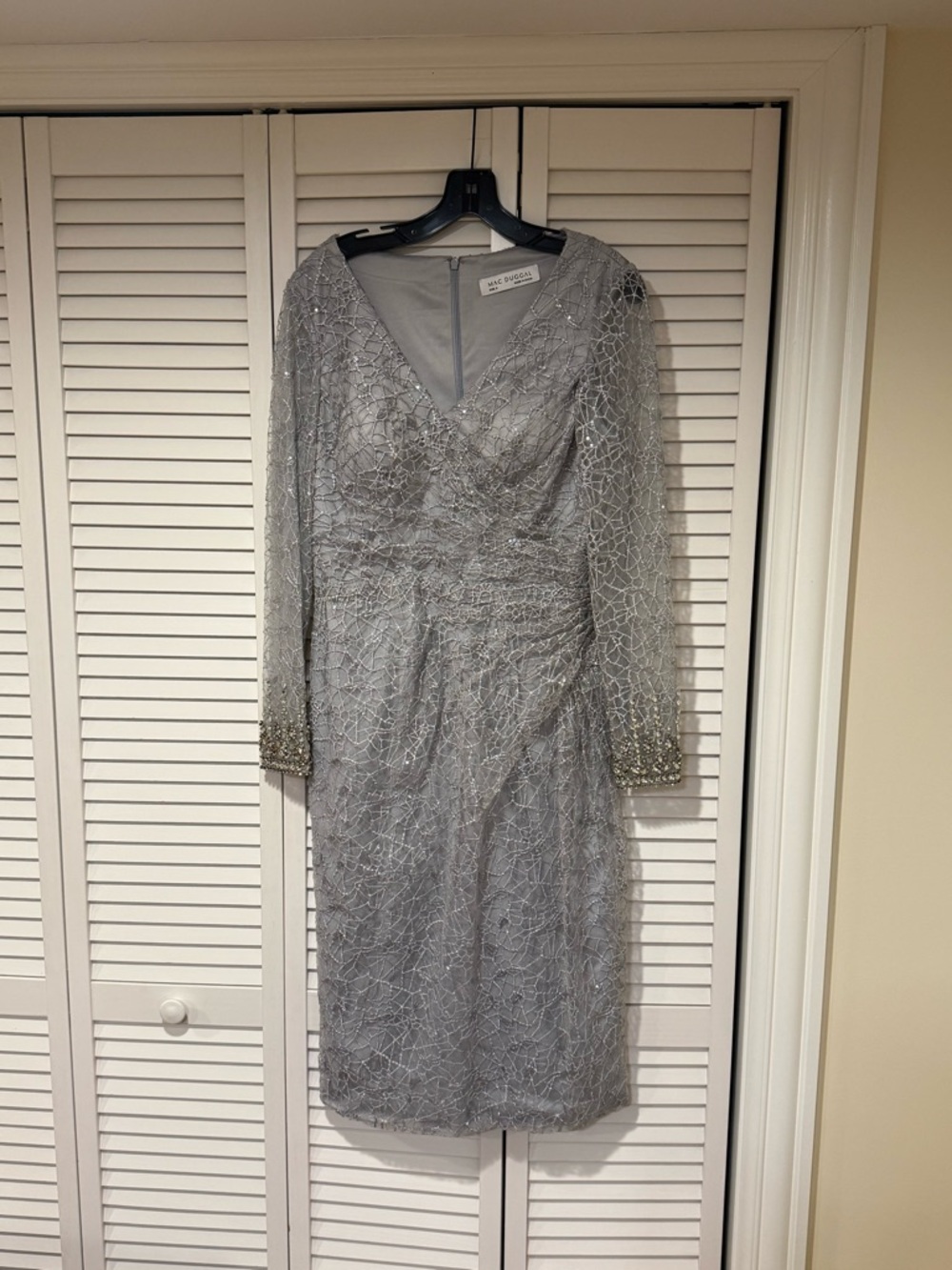 Mac Duggal Silver Beaded Long Sleeve V-Neck Sheath Dress